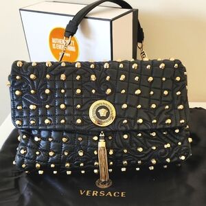 RARE Versace Vanitas Studded Barroco Medea Shoulder Bag Black Gold Leather